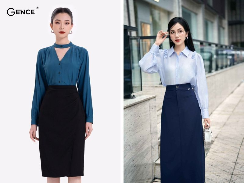 Chân váy dài phối đồ với áo sơ mi xanh dương nữ