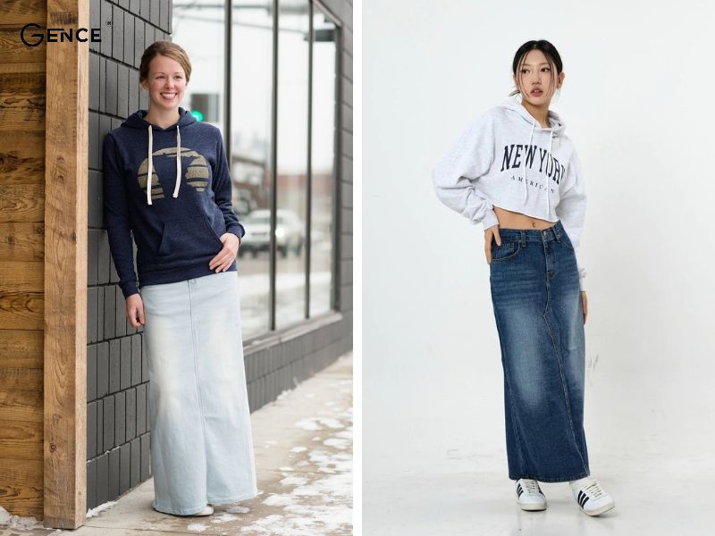 Chân váy jean dài mix cùng với áo hoodie