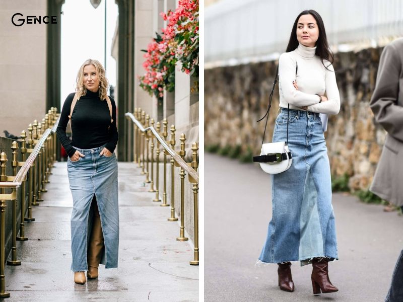 Chân váy jean dài mix-match với áo len cổ lọ
