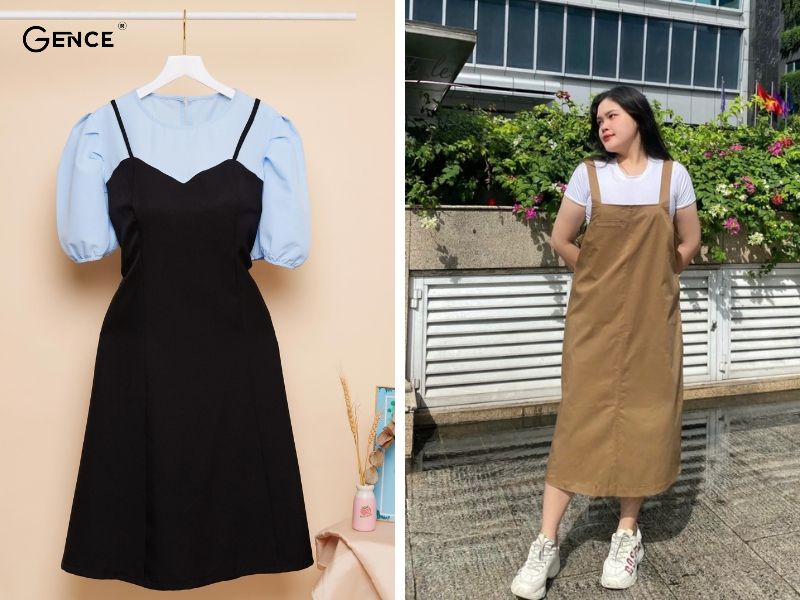 Đầm dự tiệc cho người mập thấp sử dụng váy yếm