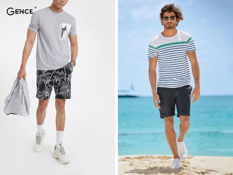 Đồ đi biển nam cùng áo thun kẻ, quần short