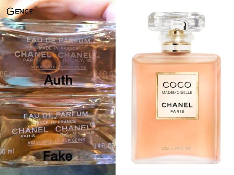 Form chữ trên chai nước hoa Chanel Auth và Fake khác hẳn nhau