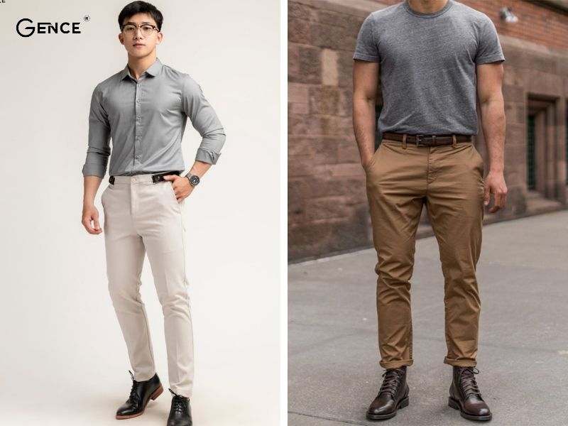 Giày cao cổ mix cùng quần kaki màu