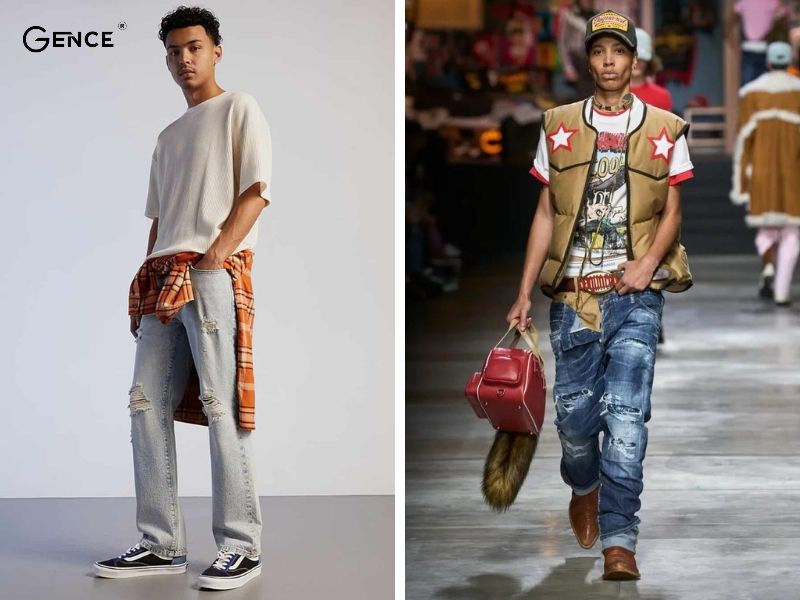 Áo phông rộng mix-match quần jeans rách