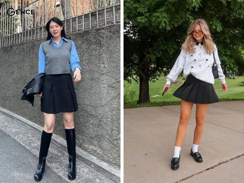 Nữ tính với set đồ áo jumper và chân váy xếp ly