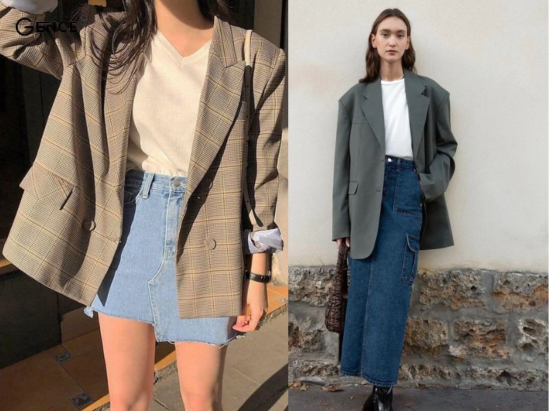 Lên đồ cá tính với áo vest, áo thun và chân váy jean