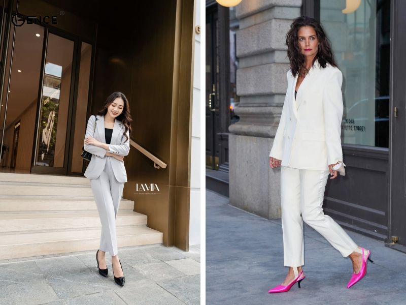 Giày cao gót mũi nhọn cùng vest sang trọng