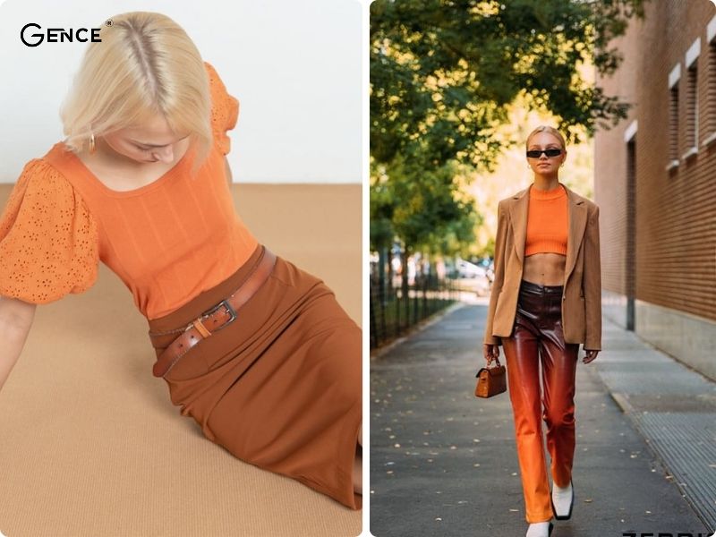 Phối trang phục với màu cam và màu nâu thu hút cho nữ