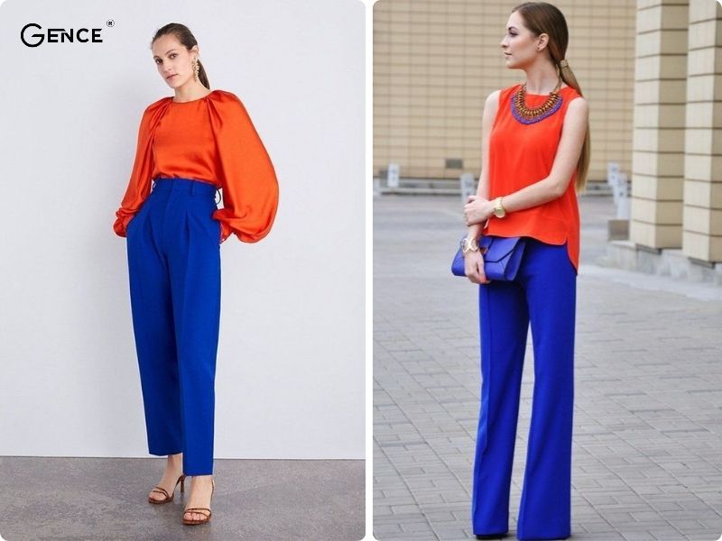 Phối áo cam với quần xanh dương nổi bật, phong cách