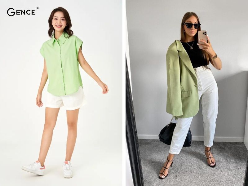 Set đồ trắng kết hợp với màu xanh lá nổi bật và năng động