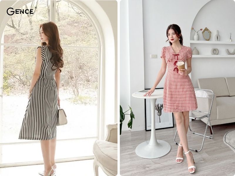 Váy xòe kẻ sọc tạo nên hiệu ứng thẩm mỹ độc đáo