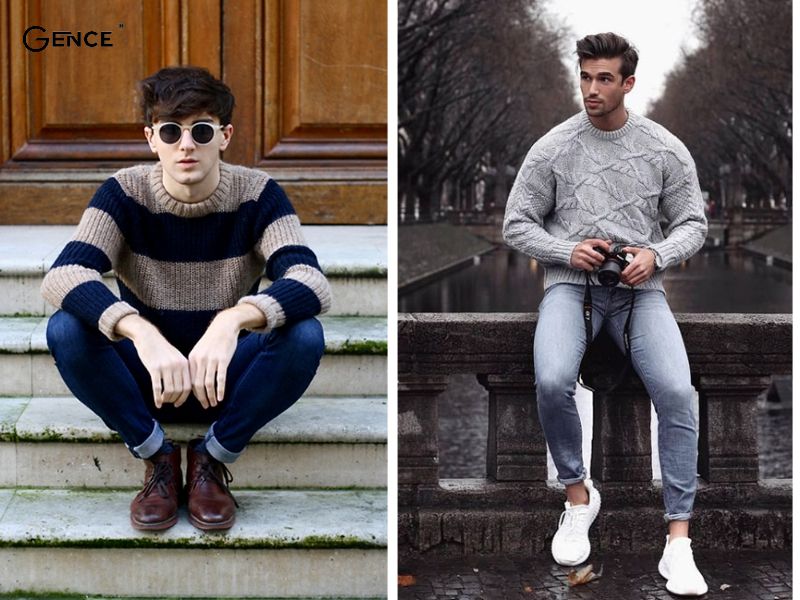 Mix áo len cổ tròn và quần jeans