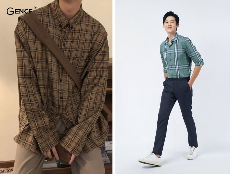 Mix áo sơ mi caro cùng quần kaki sẫm màu