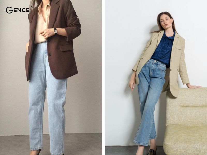 Mix áo sơ mi, quần jeans với áo blazer
