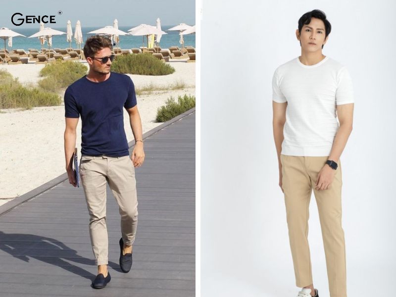 Phối đồ với quần kaki cùng áo phông trẻ trung