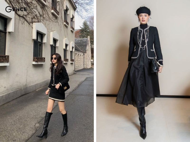 Phối boots cao quá đùi cùng dạ tweed sang chảnh