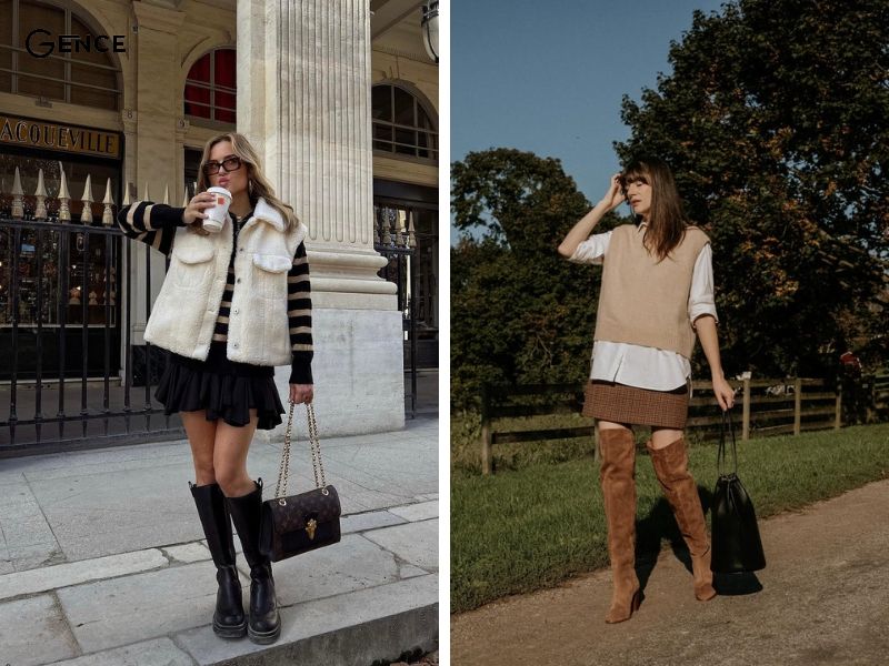 Trendy với cách mix áo gile, sơ mi và boot đùi
