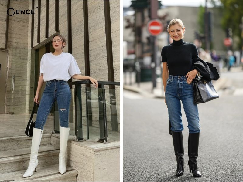 Mix quần jean skinny với boot cao quá gối phá cách