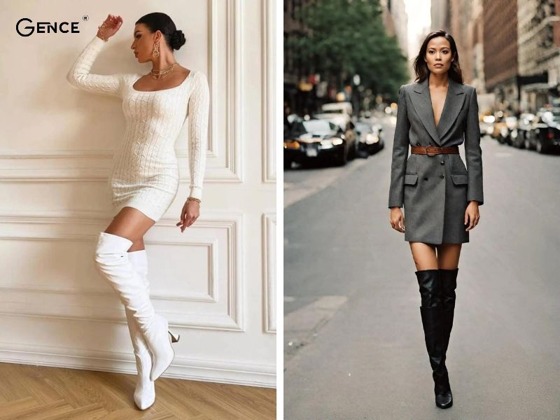 Mix đồ với boot cao quá gối với đầm body