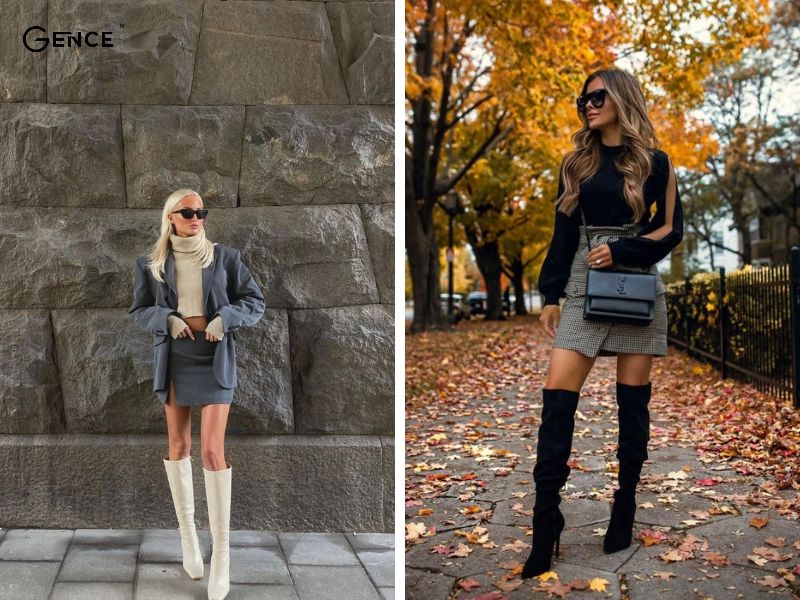 Chân váy chữ A thanh lịch và boot đùi cho nữ