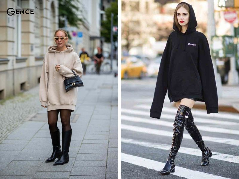 Hoodie năng động mix đồ với boots cao quá gối