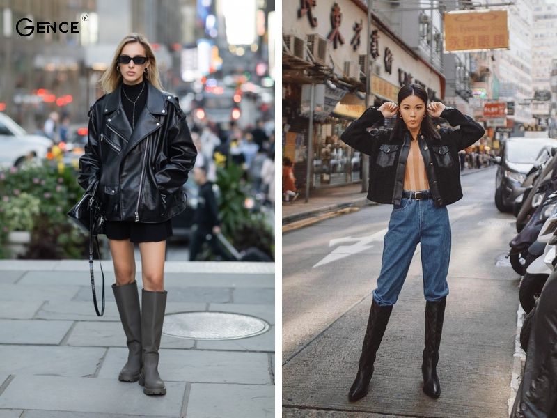 Cá tính với set đồ áo khoác da và boot đùi