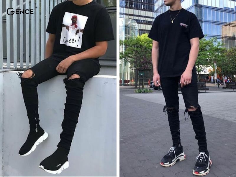 Mix giày Balenciaga với jeans rách và áo phông