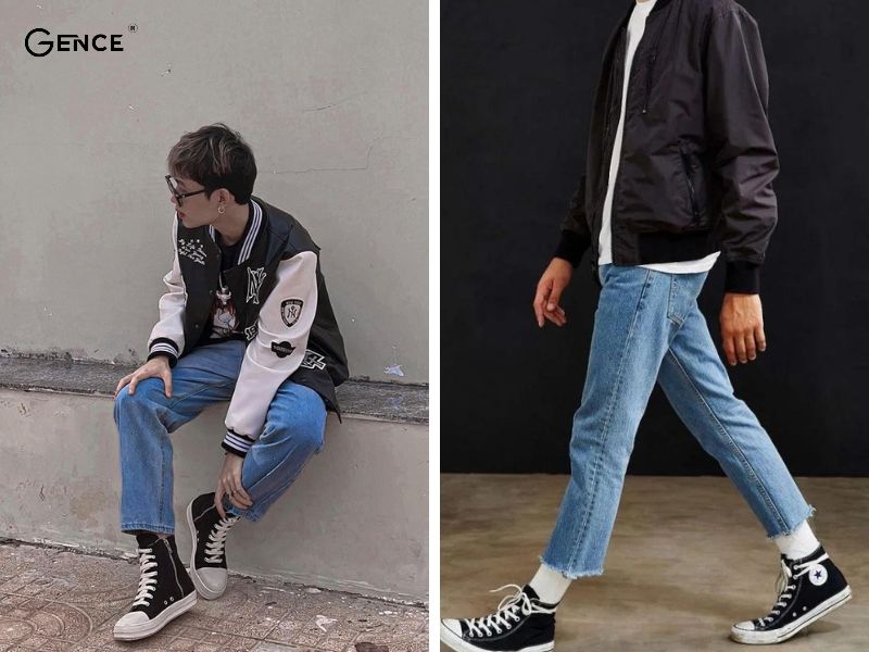 Mix giày converse nam cùng áo bomber và quần ống đứng