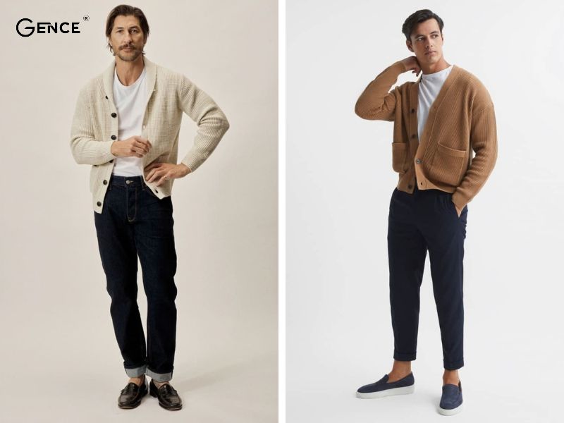 Mix giày lười nam cùng áo cardigan