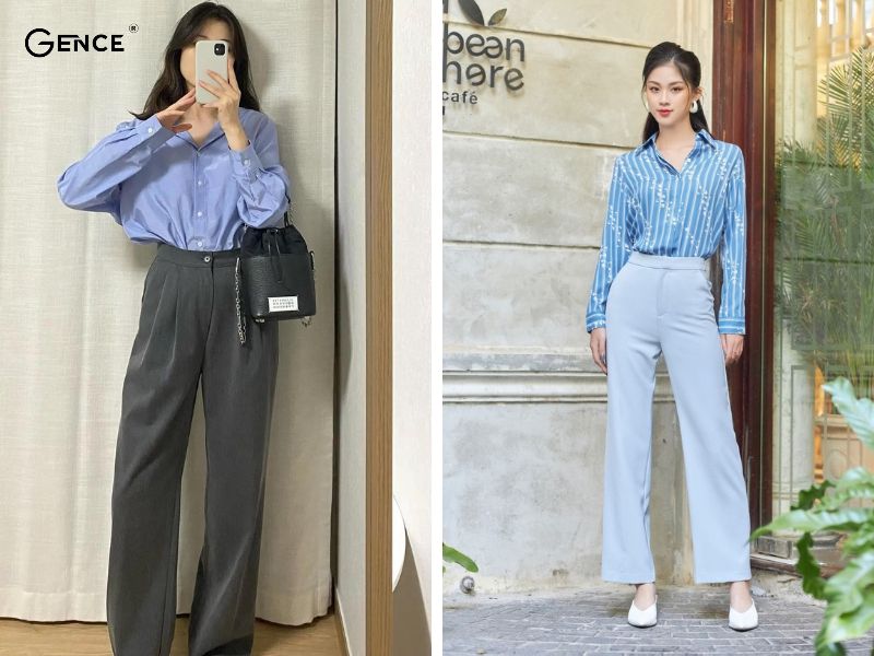 Mix-match quần ống rộng và sơ mi xanh dương