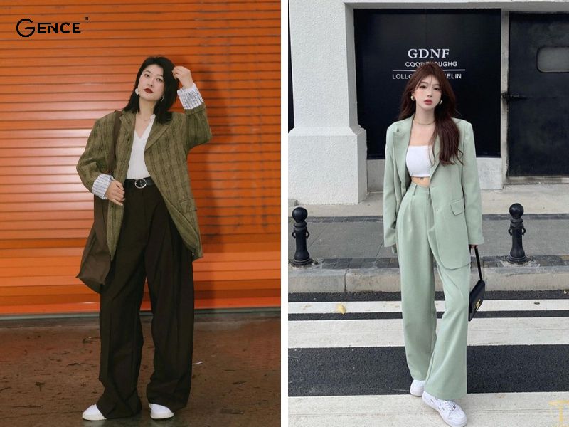 Mix quần ống rộng với áo blazer nữ