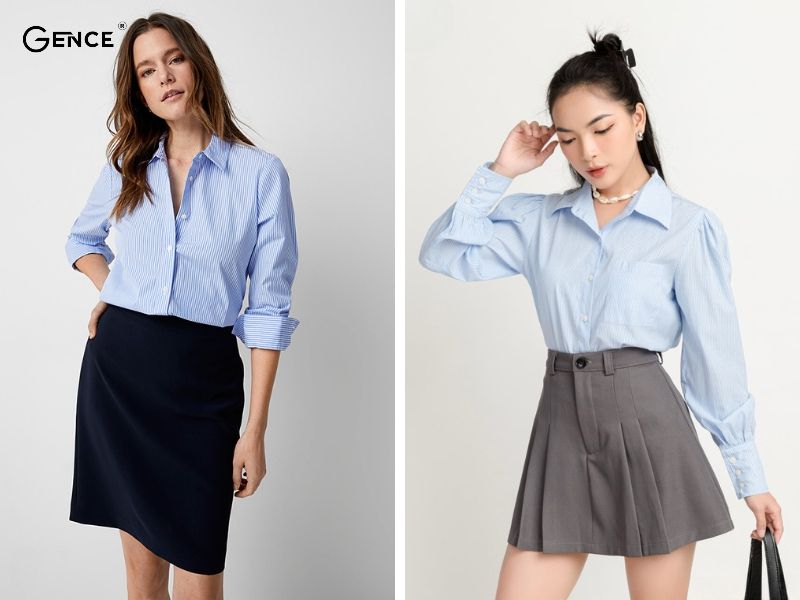 Mix sơ mi xanh dương với chân váy ngắn