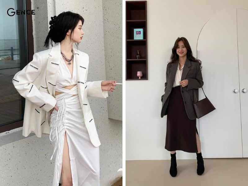 Mix váy xẻ tà với áo blazer nữ