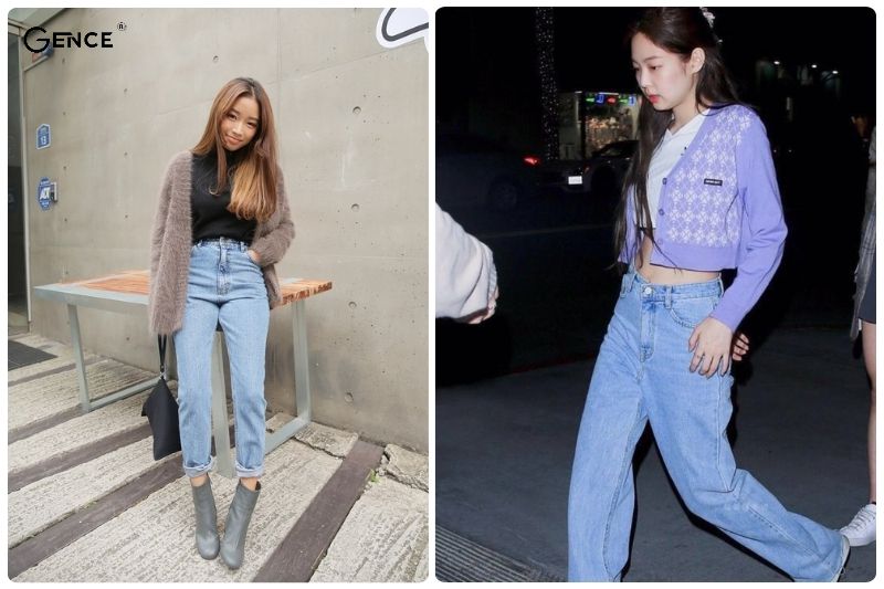 Outfit phối áo cardigan với quần baggy jean nữ