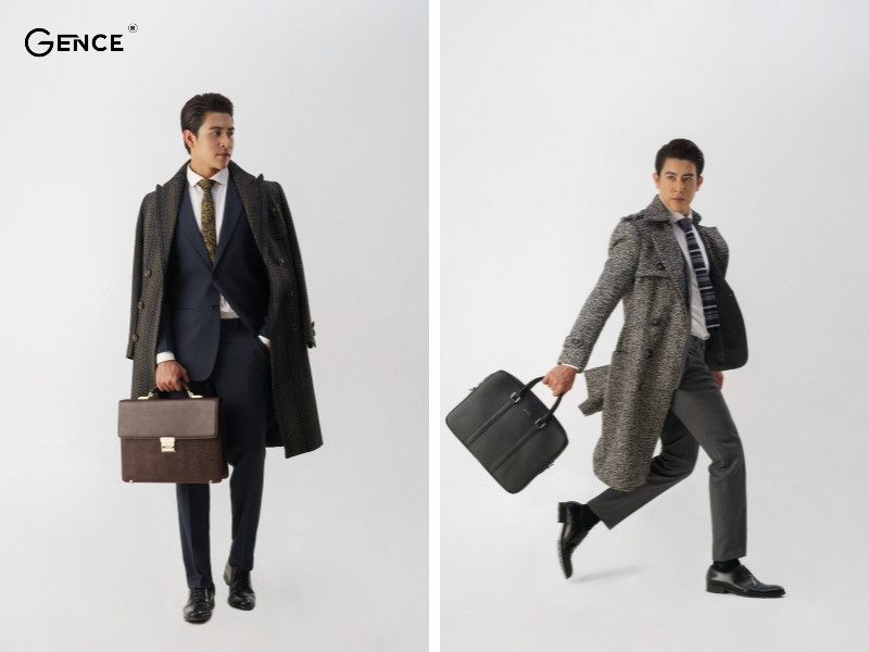 Lịch lãm khi mix áo dạ cùng sơ mi, quần tây và cặp da nam