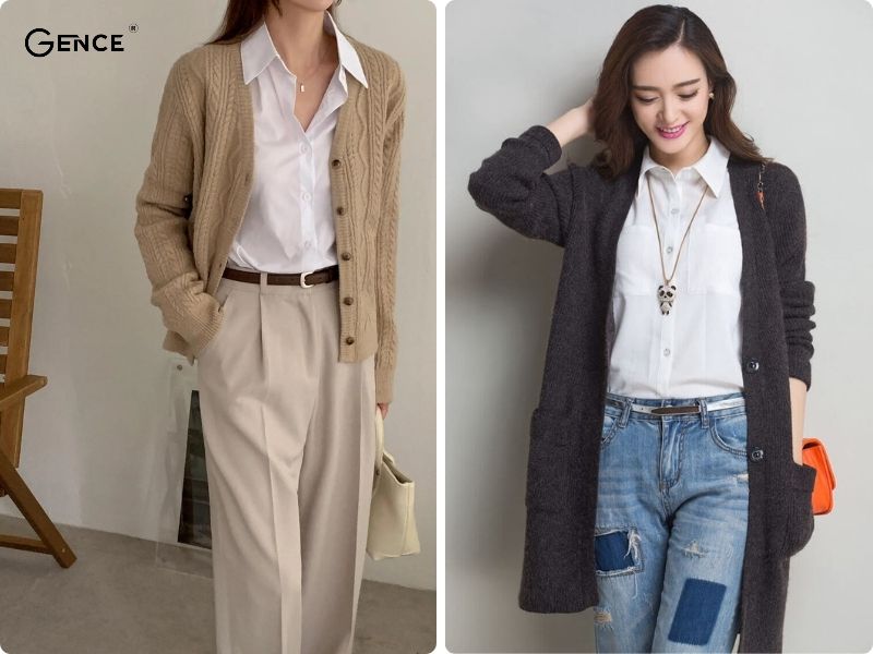 Phối áo cardigan cùng áo sơ mi nữ