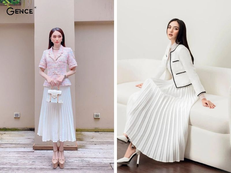 Thanh lịch cùng set đồ áo dạ tweed và chân váy xếp ly dài