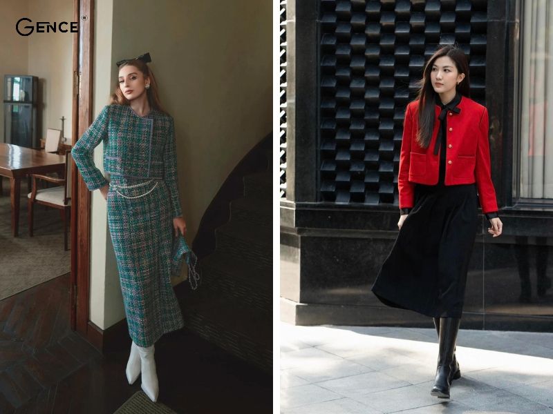 Phối áo dạ tweed với chân váy midi dịu dàng