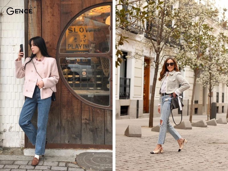 Năng động khi kết hợp áo dạ tweed và quần jean