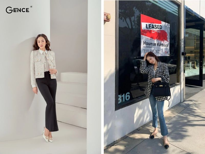 Hack dáng siêu đỉnh với quần ống loe và dạ tweed