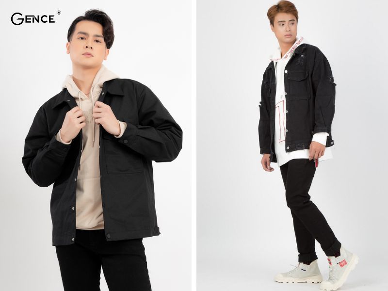Phối áo khoác kaki cùng quần jean đen