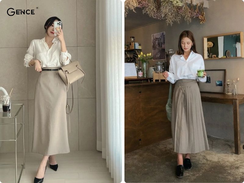 Phối áo sơ mi nữ với chân váy dài