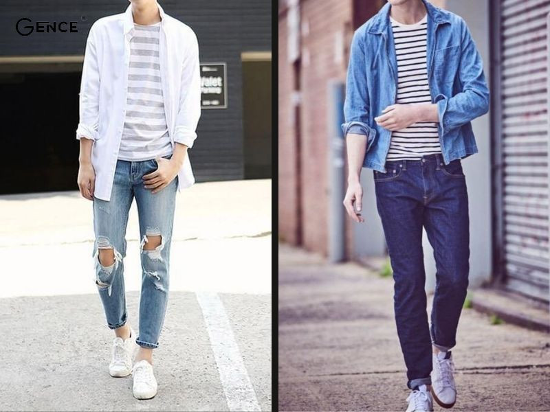 Mặc áo sơ mi phối cùng áo thun kẻ sọc ngang tùy theo dáng người