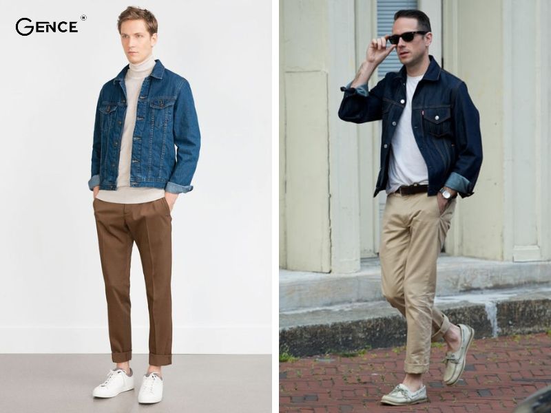 Phối đồ với quần kaki nam cùng áo jacket jean