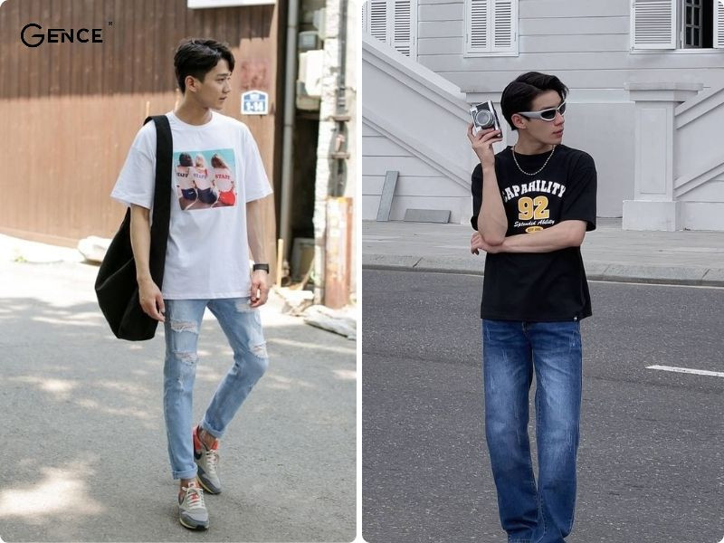 Outfit trẻ trung xuống phố cùng áo phông rộng và quần jean