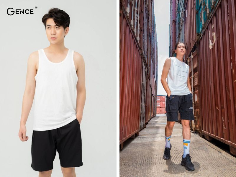 Phối đồ đi biển nam cùng áo tank top và quần short
