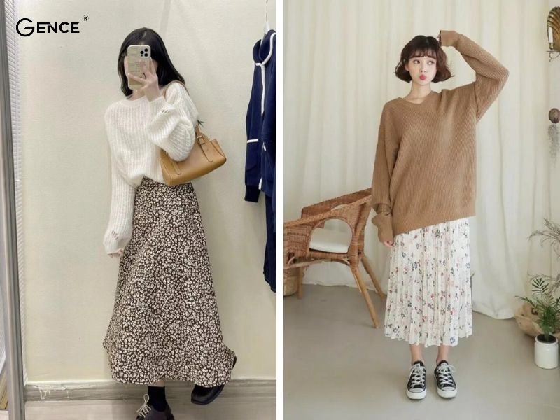 Phối đồ noel với áo len và váy hoa nhí