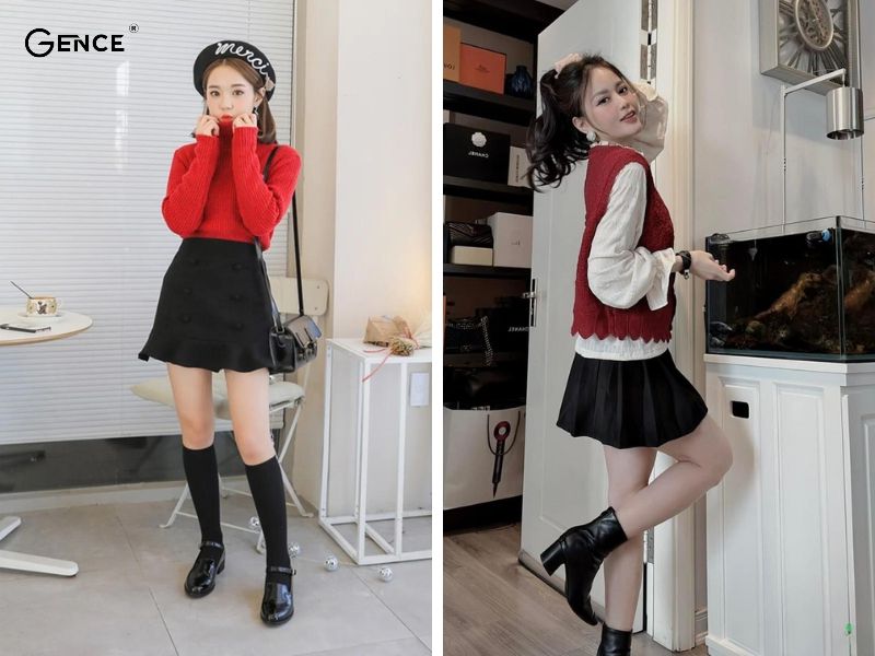 Áo len, sơ mi và chân váy thích hợp cho ngày lễ noel