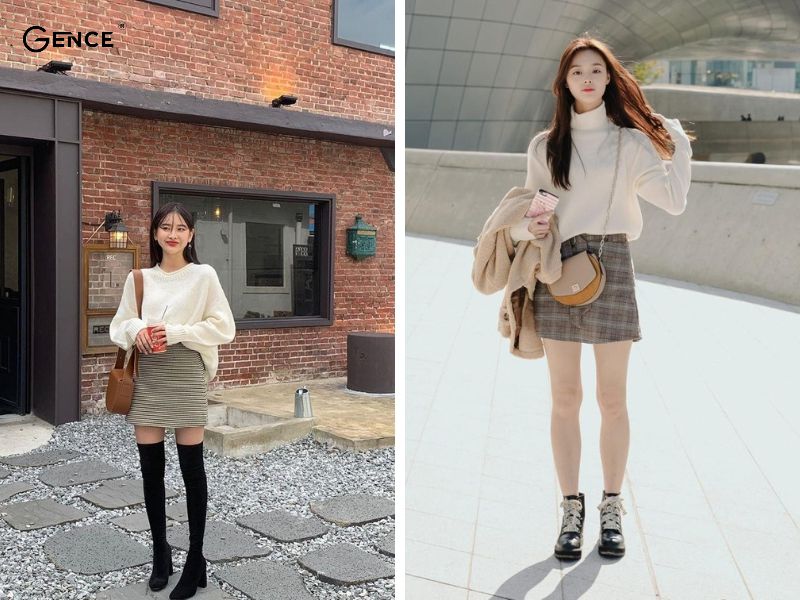 Chân váy chữ A kết hợp cùng áo len form rộng
