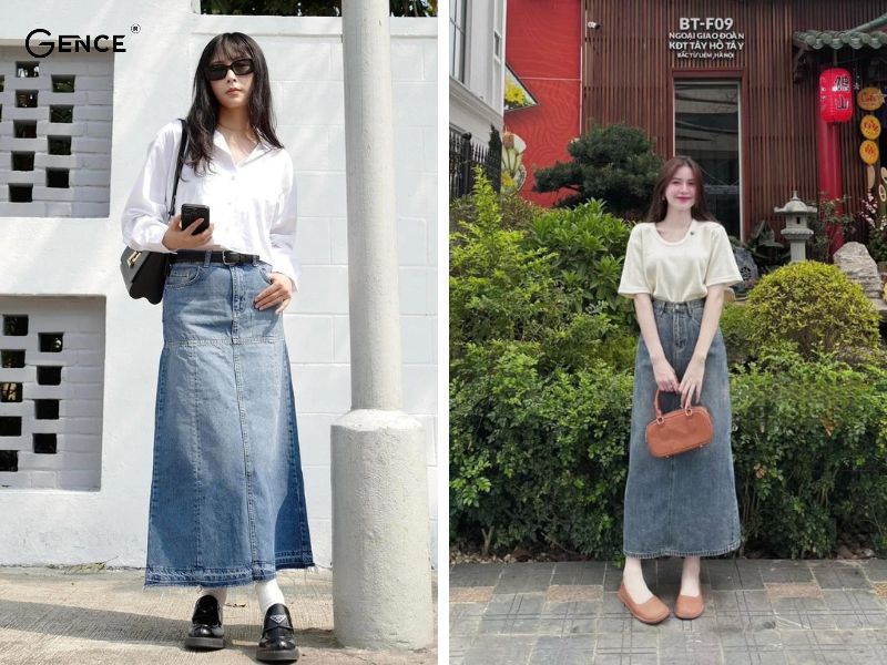 Diện áo thun trắng với váy jean với viber trong sáng